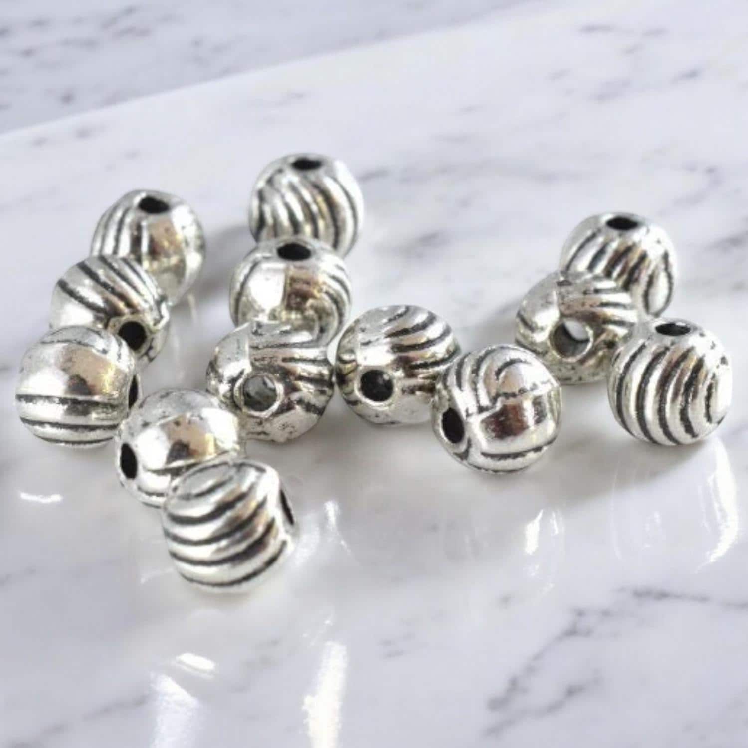5mm Antique Ridge Beads - Vintage Style Silver Round Metal Beads - 1.5mm Hole Opening, 40pcs Pack, Jewelry Crafting Supplies