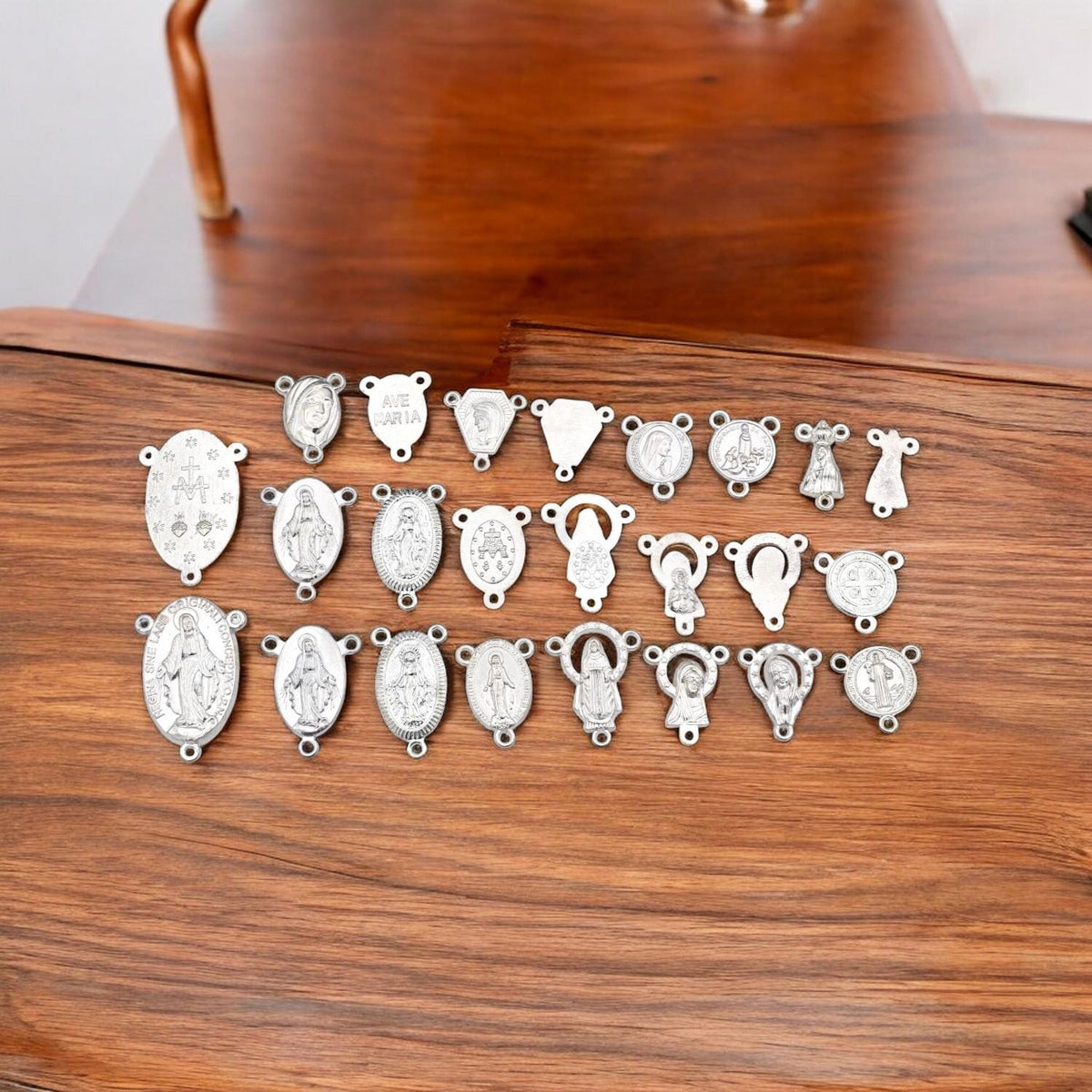 Centers For Rosary Silver Metal Charms, Saint Designs (12pcs Set, Mixed Sizes, Copper Alloy, Jewelry Making Supplies)