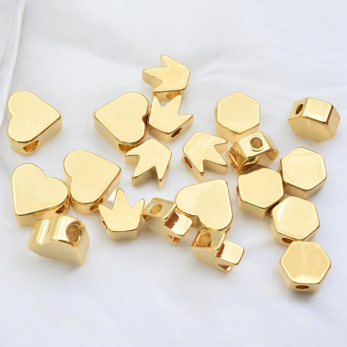 Gold Filled Look Spacer charm beads for jewelry making heart, crown, hexagon beads 6pcs/pk 14k jewelry making supplies - d...