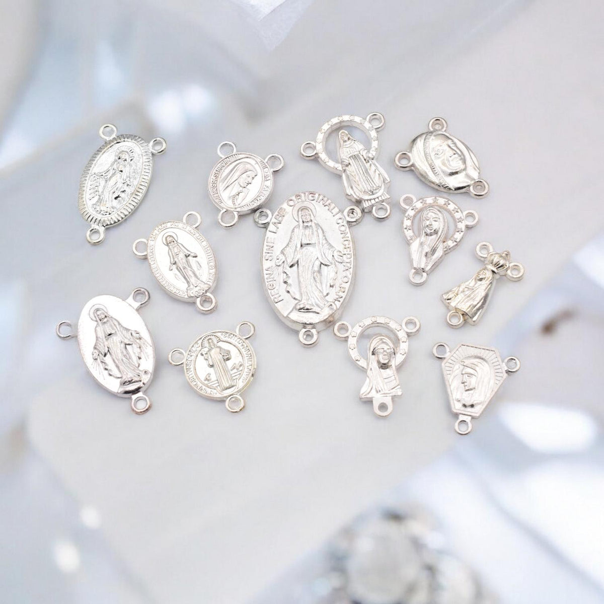 Centers For Rosary Silver Metal Charms, Saint Designs (12pcs Set, Mixed Sizes, Copper Alloy, Jewelry Making Supplies)
