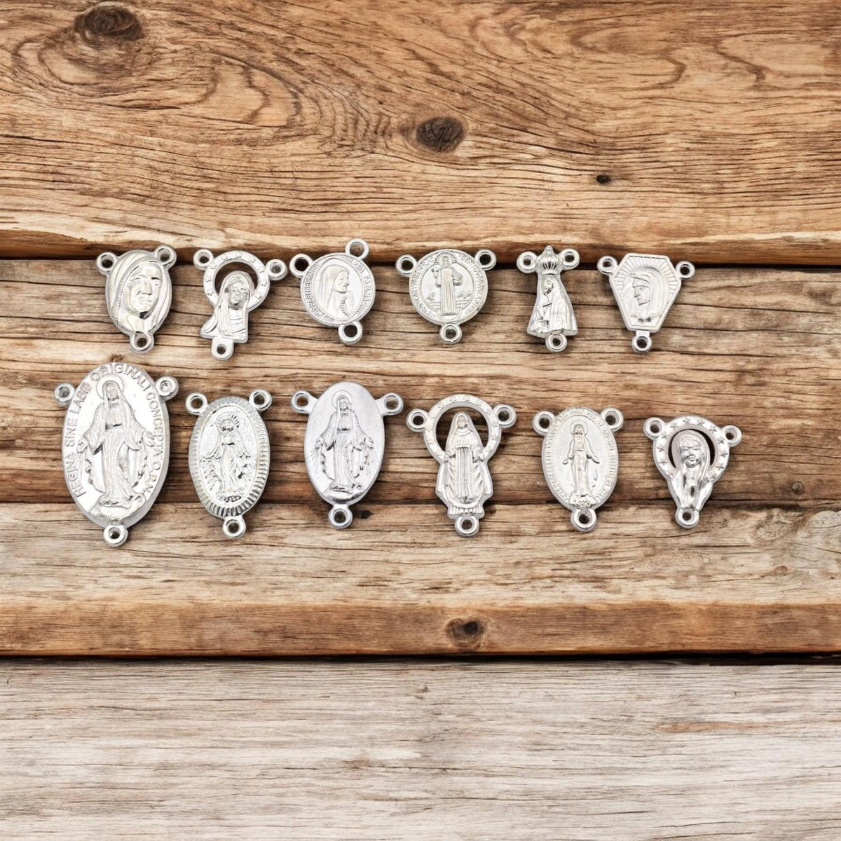 Centers For Rosary Silver Metal Charms, Saint Designs (12pcs Set, Mixed Sizes, Copper Alloy, Jewelry Making Supplies)