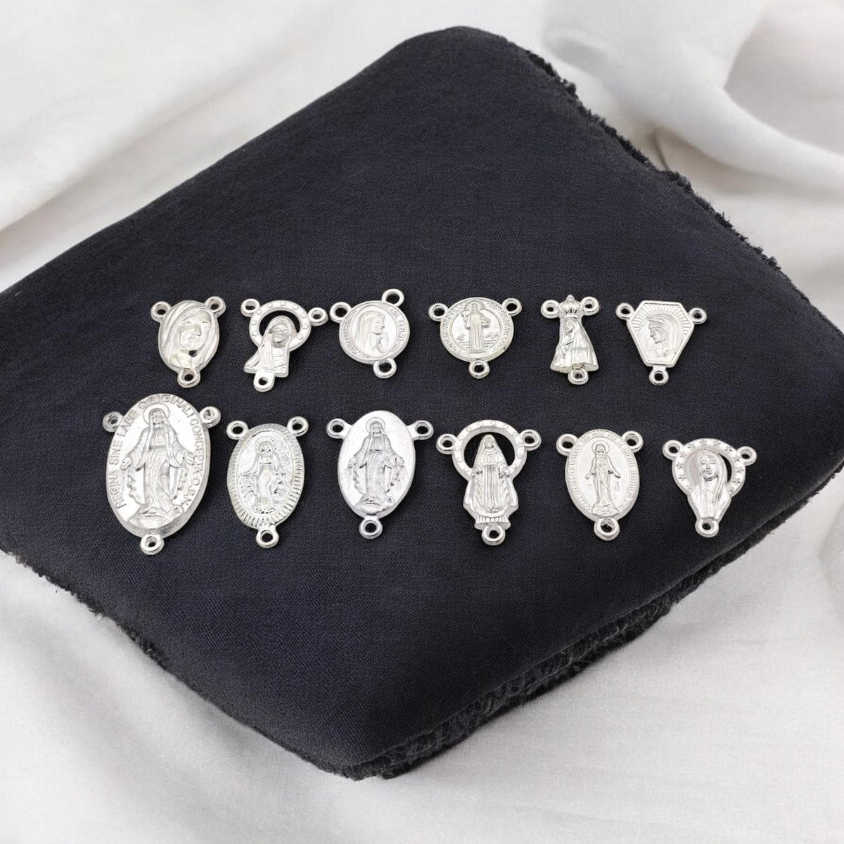 Centers For Rosary Silver Metal Charms, Saint Designs (12pcs Set, Mixed Sizes, Copper Alloy, Jewelry Making Supplies)