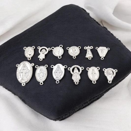 Centers For Rosary Silver Metal Charms, Saint Designs (12pcs Set, Mixed Sizes, Copper Alloy, Jewelry Making Supplies)