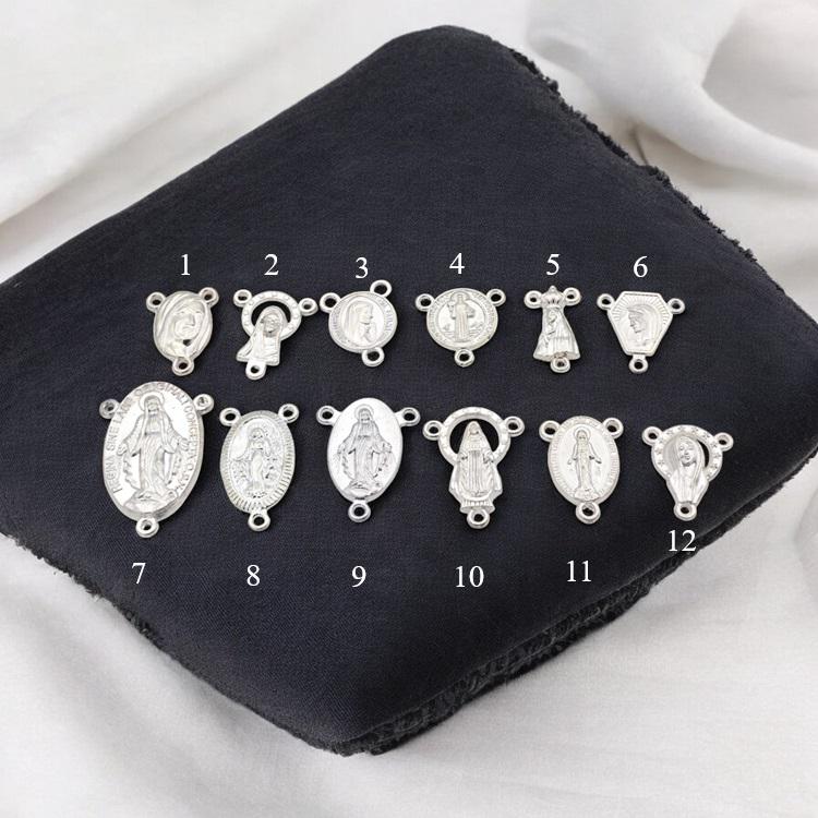 Centers For Rosary Silver Metal Charms, Saint Designs (12pcs Set, Mixed Sizes, Copper Alloy, Jewelry Making Supplies)