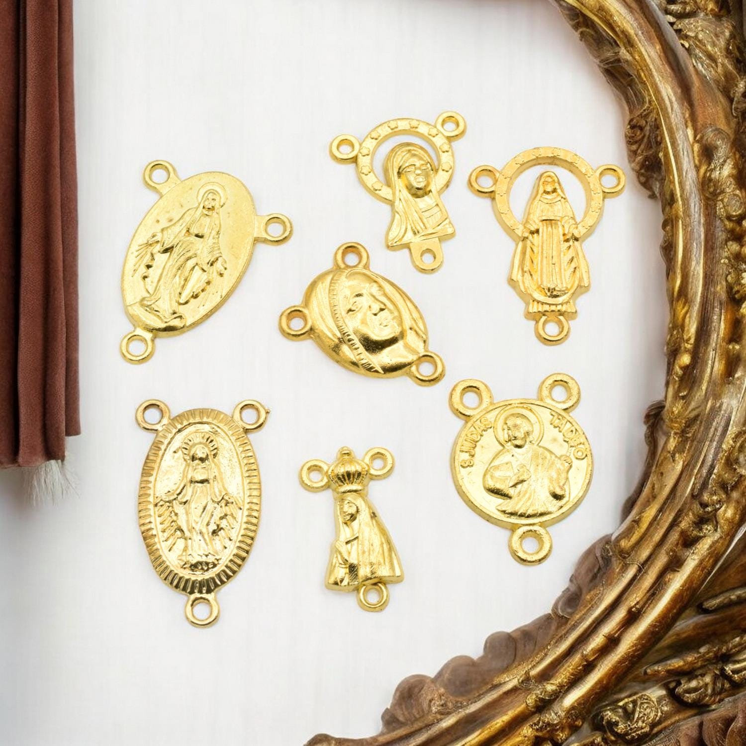 Gold Rosary Centers Saints Medals, Detailed Religious Charms (Multiple Sizes, Plated Copper Alloy, Jewelry Making Kits)