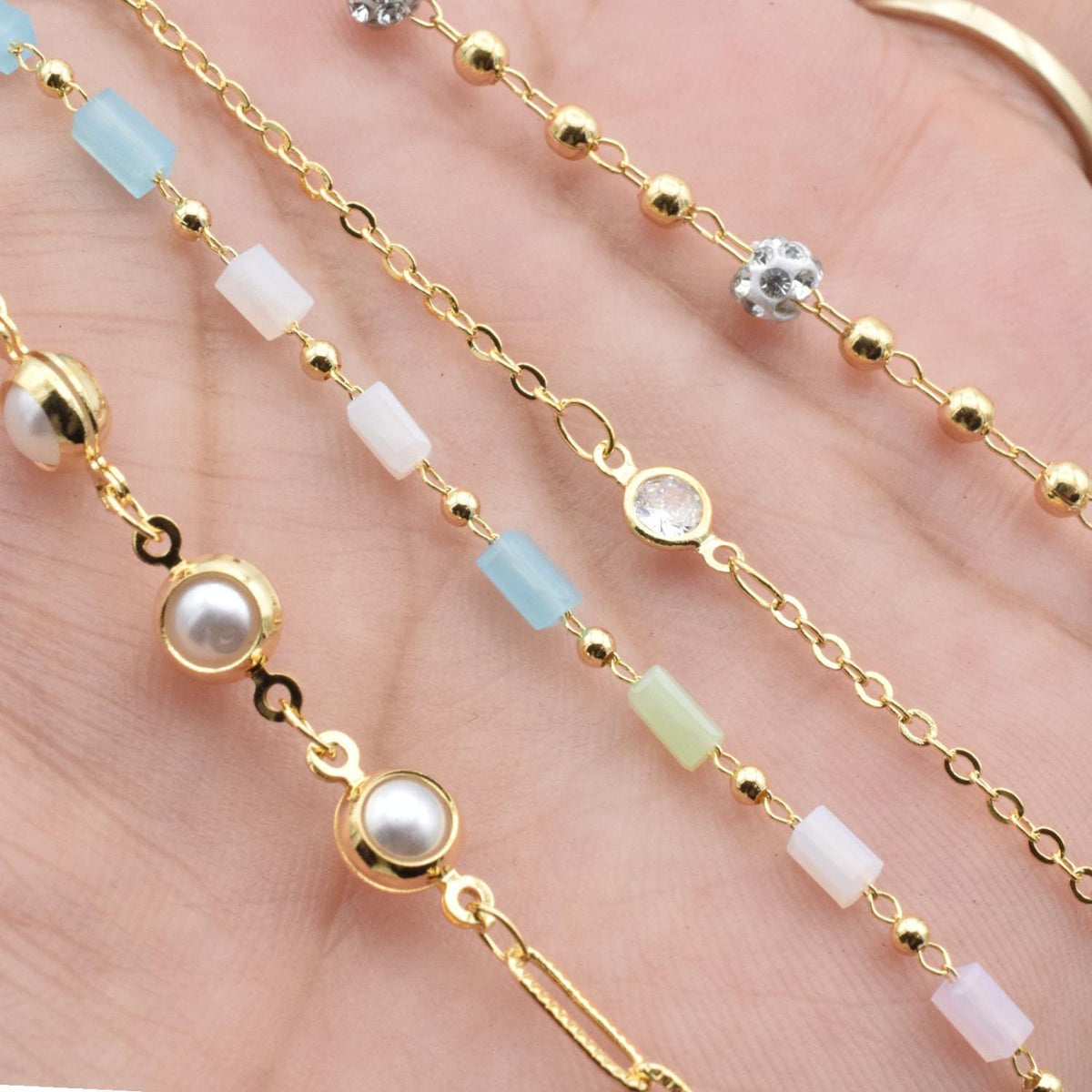 Gold Filled Alternative 18k Chain Jewelry - Pearl And Pave Zirconia Links - Dainty Gold Chain, Natural S Beads, Crafting Supply