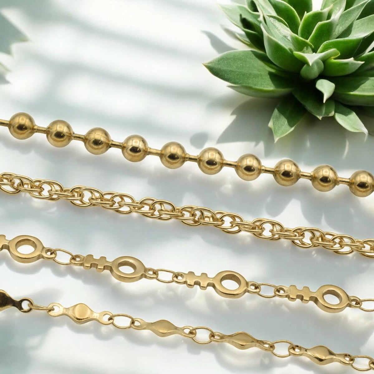 Gold Stainless Steel Ball Chain Twisted, Circle Link Jewelry Chain (4mm Width, Durable Gold Finish, Sold by Yard or Roll)