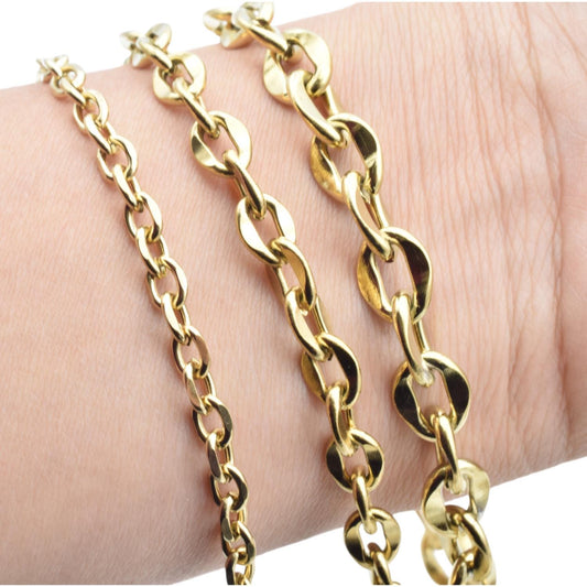 Gold Stainless Steel Oval Link Curb Chain: Luxury Gold Finish, Durable Jewelry Making Material | 4mm-8mm Widths, Sold by Yard