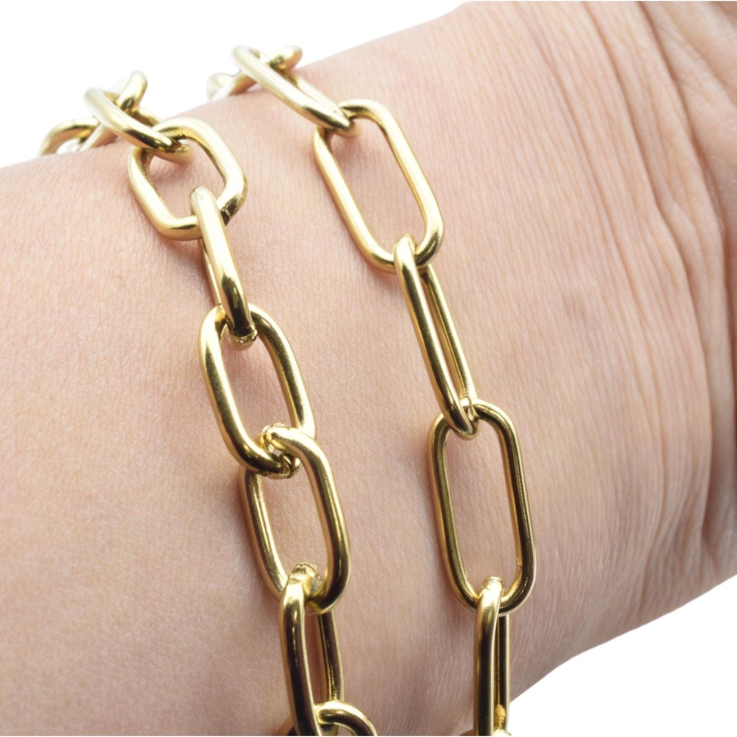 Gold Paperclip Chain Jewelry Supply, Long Rectangular Links (Stainless Steel, Shiny Gold Finish, 17x8mm Size)