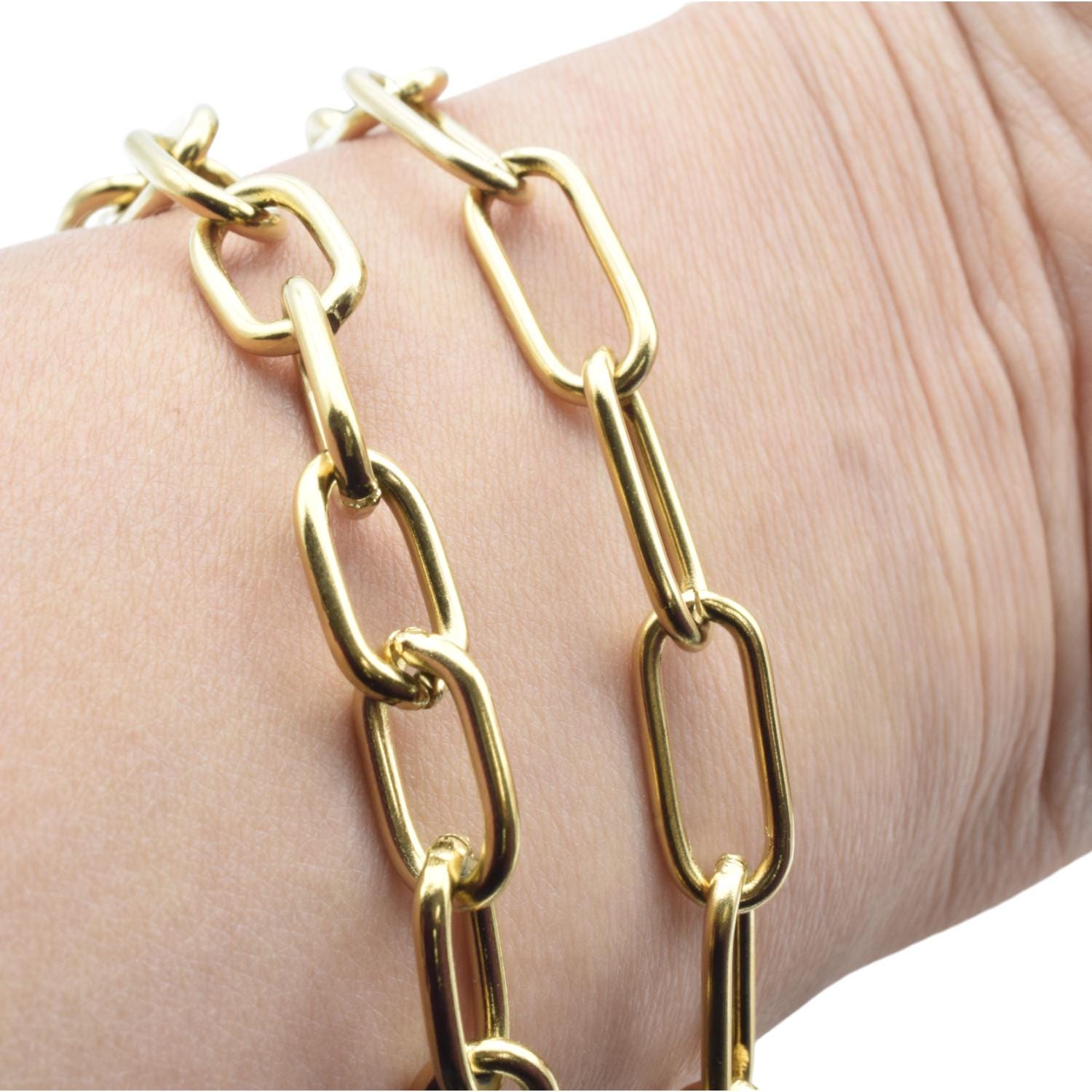 Gold Paperclip Chain Jewelry Supply, Long Rectangular Links (Stainless Steel, Shiny Gold Finish, 17x8mm Size)