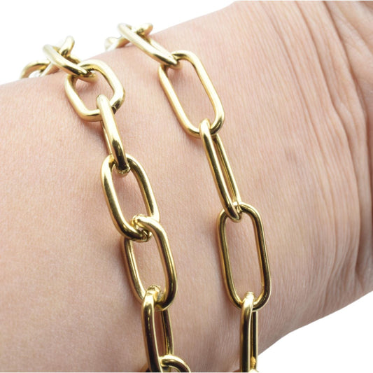 Gold Paperclip Chain Jewelry Supply, Long Rectangular Links (Stainless Steel, Shiny Gold Finish, 17x8mm Size)