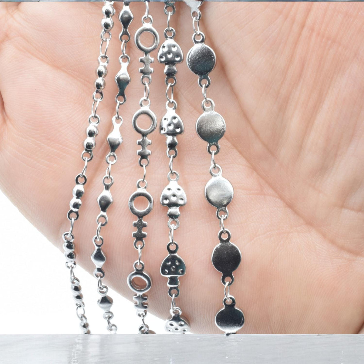 Chain For Jewelry Stainless Steel Links, Mushroom Circle Diamond Styles (3mm-6mm, Silver Tone, 3ft Roll)