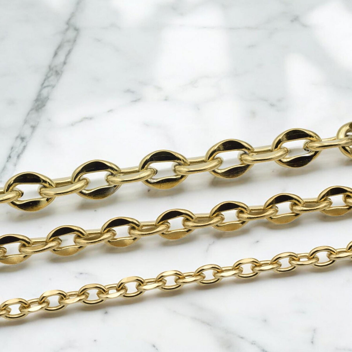 Gold Stainless Steel Oval Link Curb Chain: Luxury Gold Finish, Durable Jewelry Making Material | 4mm-8mm Widths, Sold by Yard