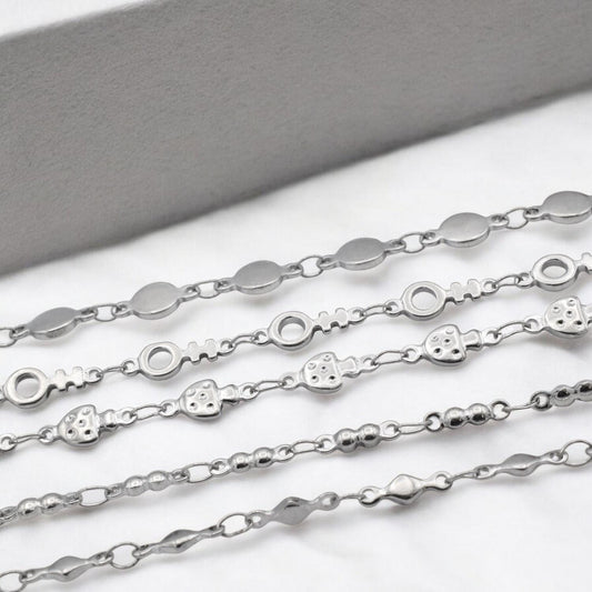 Chain For Jewelry Stainless Steel Links, Mushroom Circle Diamond Styles (3mm-6mm, Silver Tone, 3ft Roll)