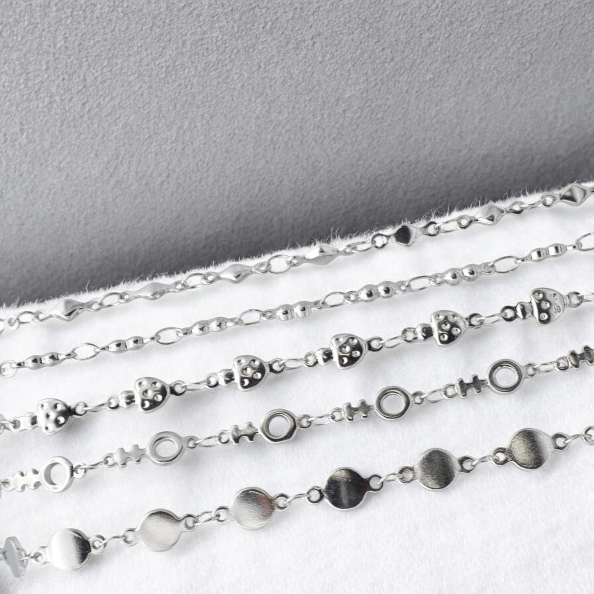 Chain For Jewelry Stainless Steel Links, Mushroom Circle Diamond Styles (3mm-6mm, Silver Tone, 3ft Roll)