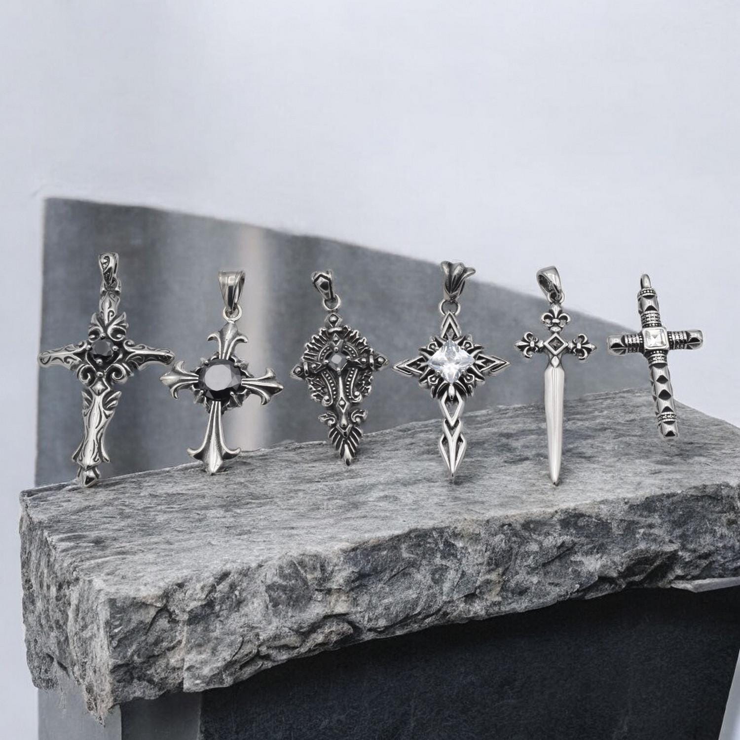 Dagger Style Pendant - Baroque Cross Charm, Sharp Gothic Detailing - Stainless Steel, Unisex Gift Jewelry