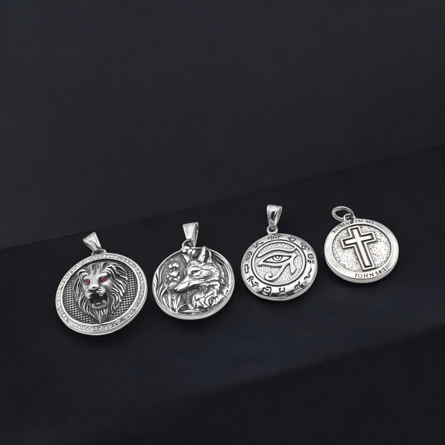 Pendant Lion Head Durable Steel Charm - Polished Stainless Steel Medallions - Lion, Wolf, Eye of Horus & Cross Designs, Gift For Men and Her