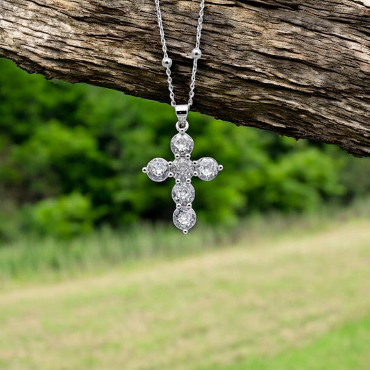 Silver Finishing Cross Pendant – Sparkling Zirconia Stones, Elegant Charm (32x23mm)