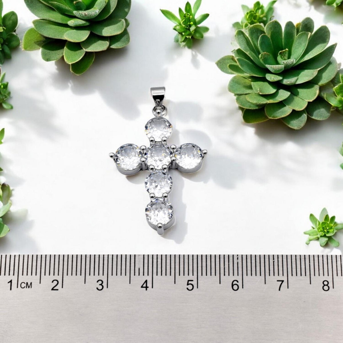 Silver Finishing Cross Pendant – Sparkling Zirconia Stones, Elegant Charm (32x23mm)