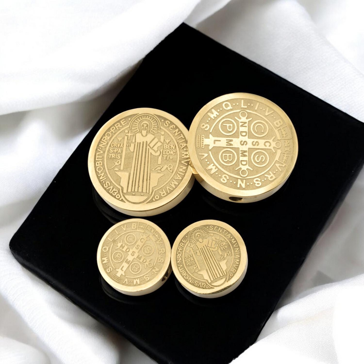 Saint Benedict Gold Slider Beads, Faith Symbol Charms (10mm & 15mm, Gold Stainless Steel, Durable for Bracelets)