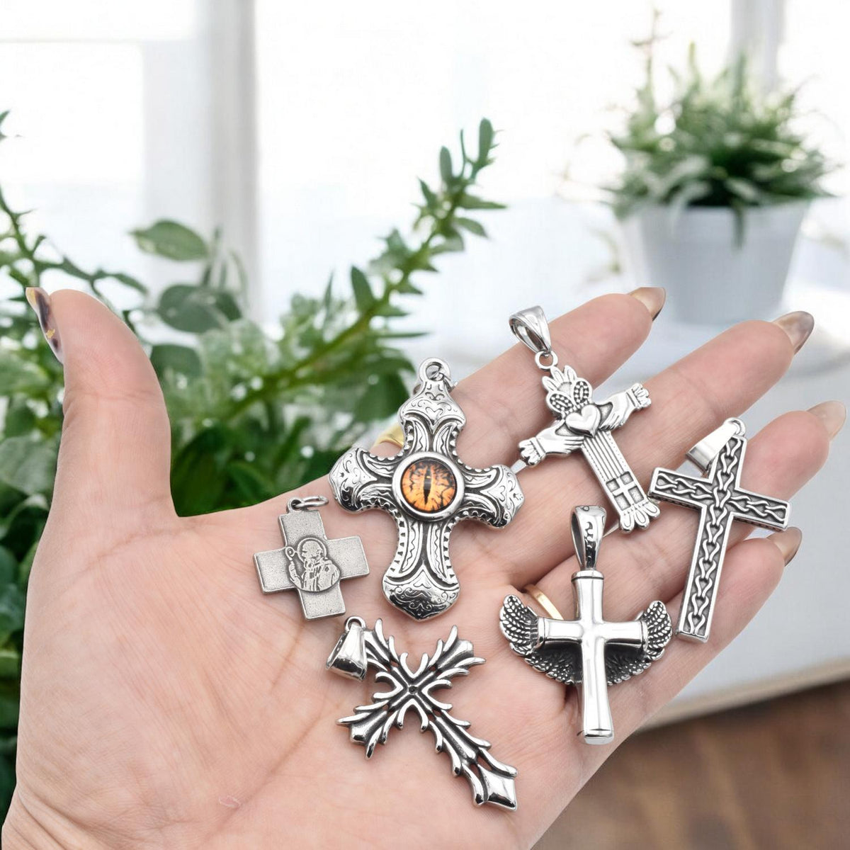 Stainless Steel Cross Pendants for necklaces, jewelry making, and crafts reptile eye cross, wing cross, heart cross, etc....