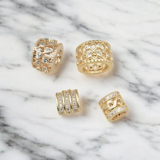 Gold Filled Alternative Beads - Micro Pave CZ Roundel Spacer Beads - Sparkling Cubic Zirconia, Gold Tone, For Bracelets and Necklaces