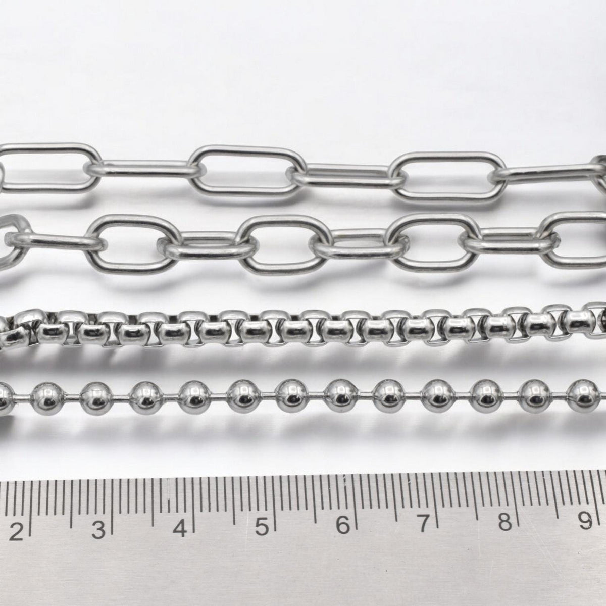 Chain For Jewelry: Stainless Steel Paper Clip, Ball & Link Chains | Silver Tone, Customizable | Sold By The Yard Or Roll