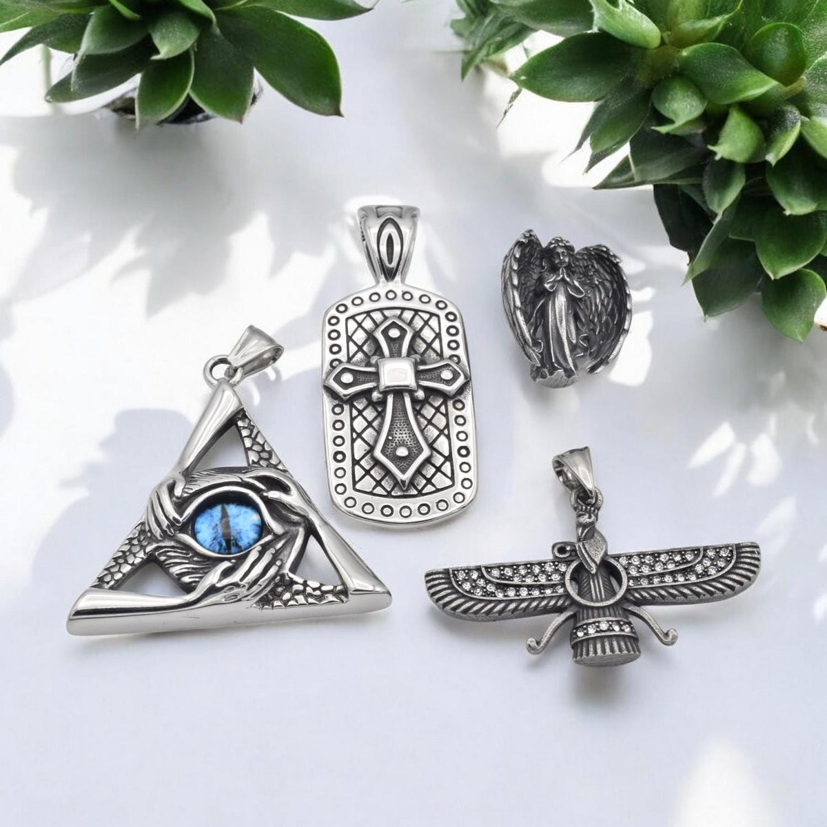 Stainless Steel Pendants and Charms for jewelry making Eye of Providence, Cross, Angel, Ahura Mazda