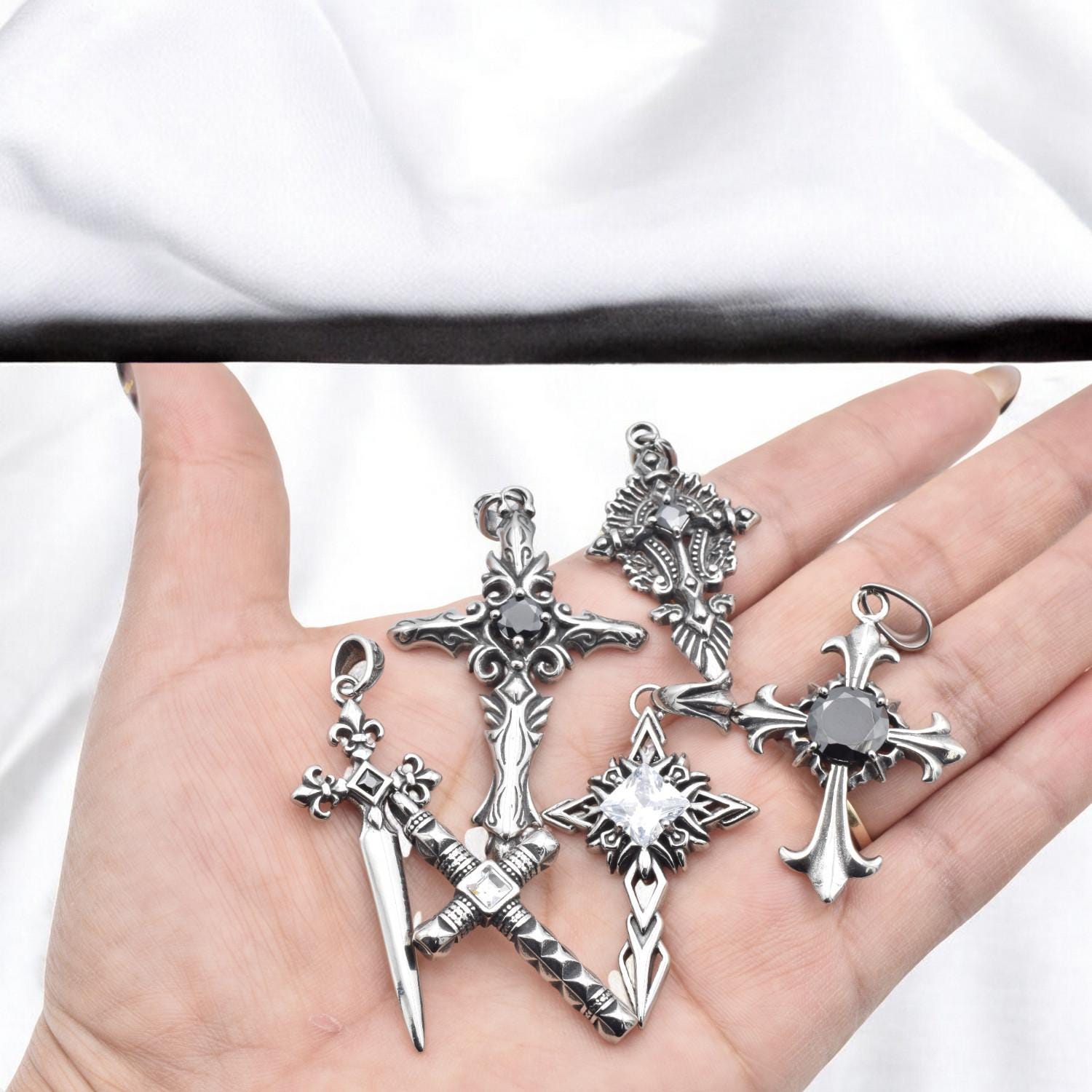 Dagger Cross Pendant - Baroque Geometric Charm - Stainless Steel, Sharp Lines, Jewelry Making Supplies