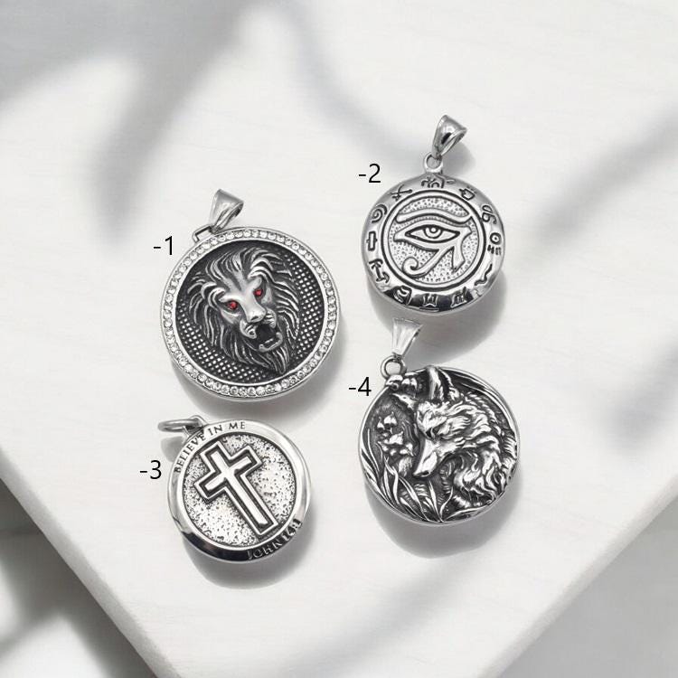 Pendant Lion Head Durable Steel Charm - Polished Stainless Steel Medallions - Lion, Wolf, Eye of Horus & Cross Designs, Gift For Men and Her