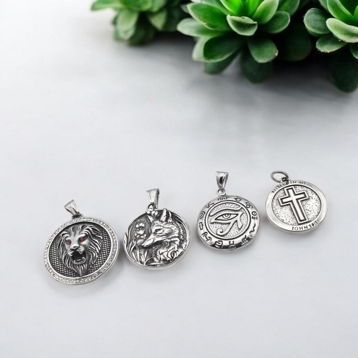 Pendant Lion Head Durable Steel Charm - Polished Stainless Steel Medallions - Lion, Wolf, Eye of Horus & Cross Designs, Gift For Men and Her