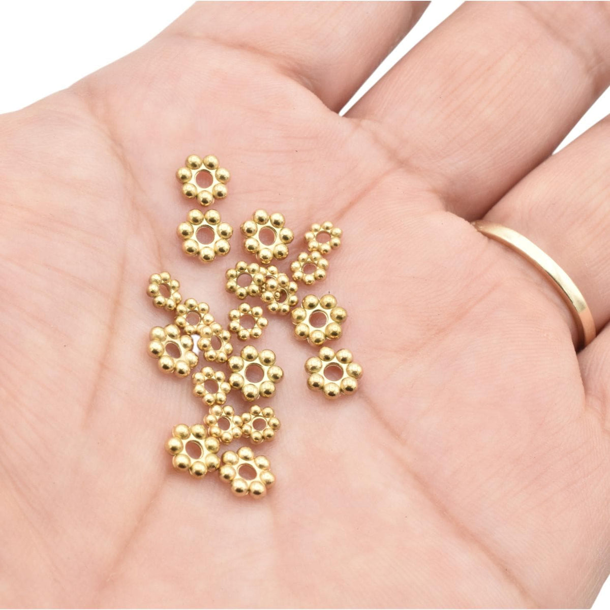 Gold Daisy Roundel Spacer Beads: Floral Motif Accent Beads, Textured Stainless Steel (4mm & 6mm, Jewelry Components)