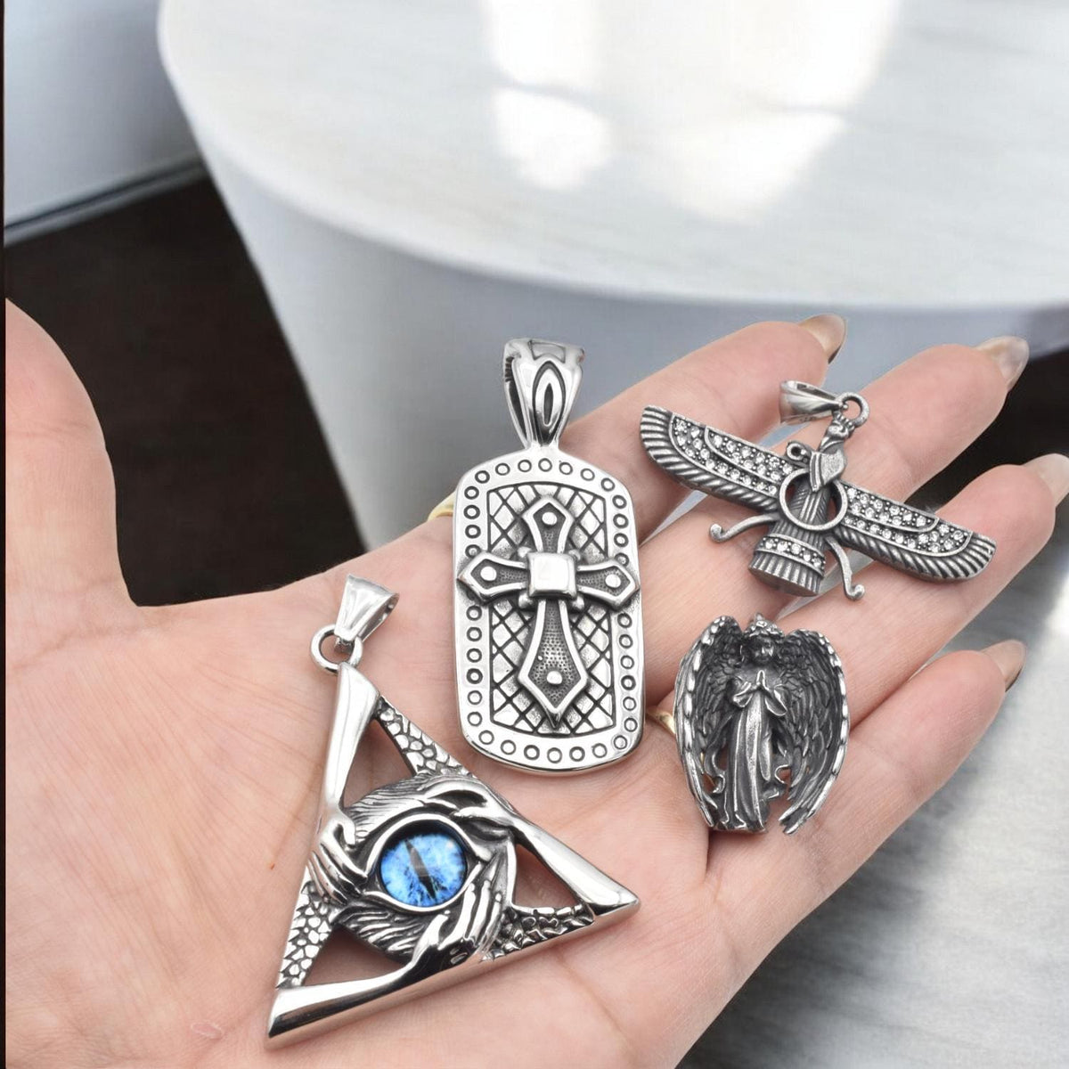 Stainless Steel Pendants and Charms for jewelry making Eye of Providence, Cross, Angel, Ahura Mazda