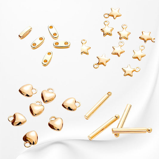 Gold Filled Alternative EP Charm Beads Findings For Jewelry, Heart & Star Charms, Tube Hangers (7x9mm-15mm, Base, Water Resistant)