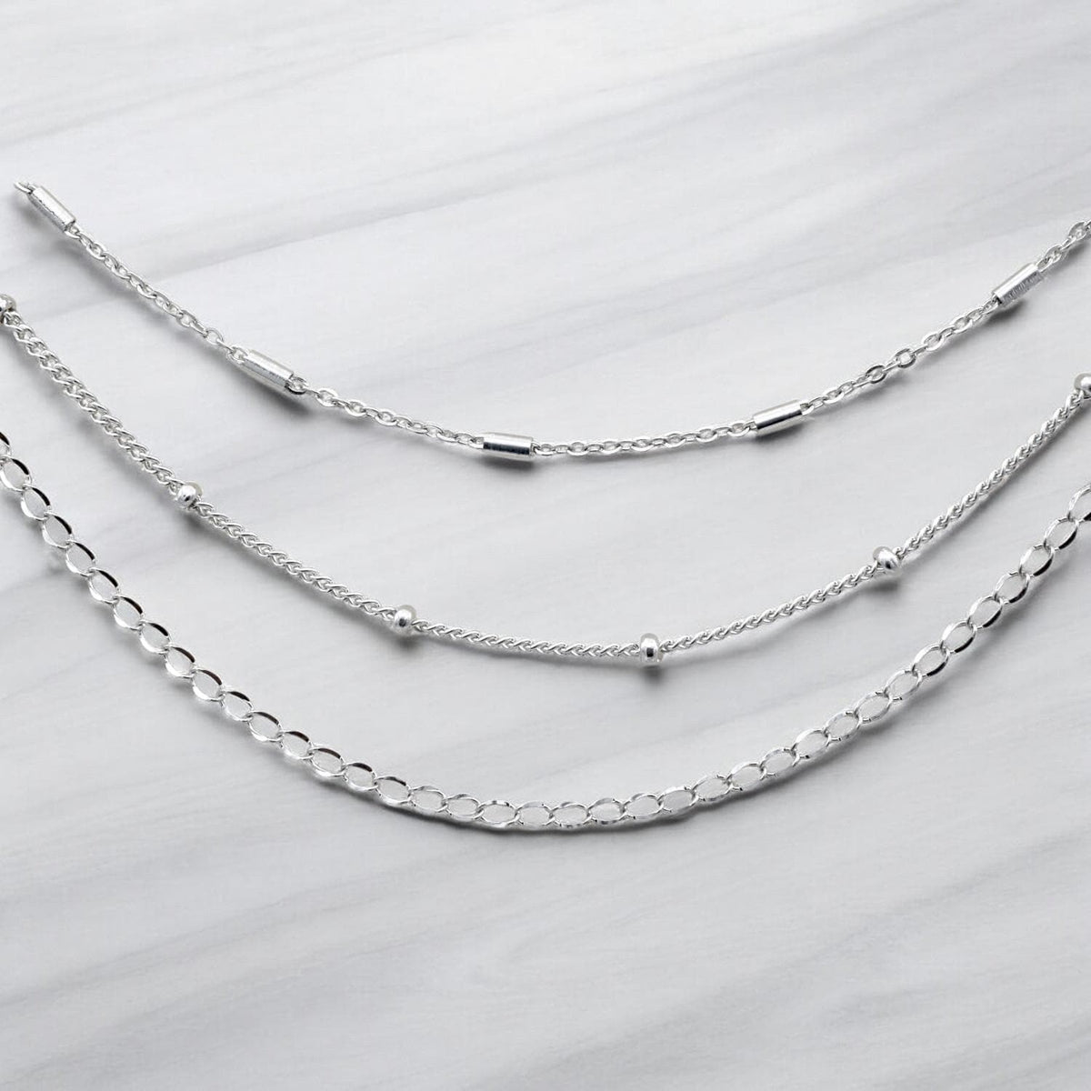 Bar Chain Satellite Jewelry Chain: Silver Tone Stainless Steel Craft Links (Bar, Beaded & Extension Styles, 11 Yard Roll)
