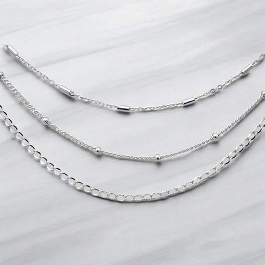 Bar Chain Satellite Jewelry Chain: Silver Tone Stainless Steel Craft Links (Bar, Beaded & Extension Styles, 11 Yard Roll)