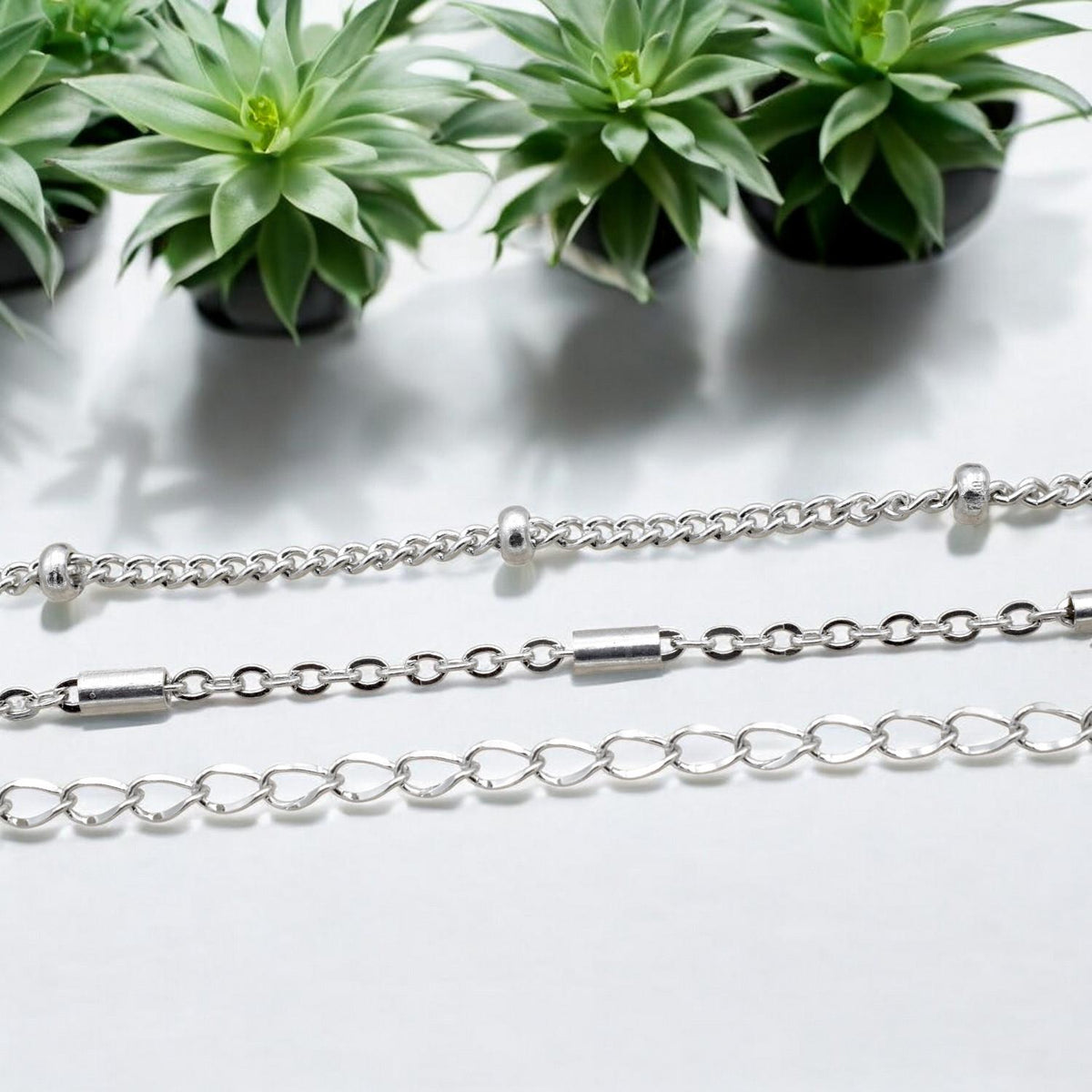 Bar Chain Satellite Jewelry Chain: Silver Tone Stainless Steel Craft Links (Bar, Beaded & Extension Styles, 11 Yard Roll)