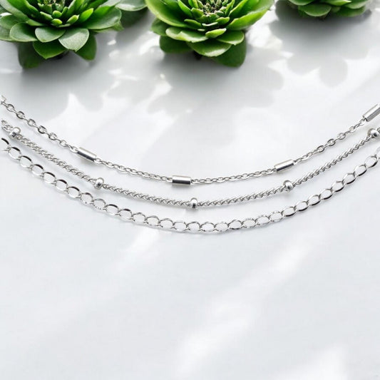 Bar Chain Satellite Jewelry Chain: Silver Tone Stainless Steel Craft Links (Bar, Beaded & Extension Styles, 11 Yard Roll)