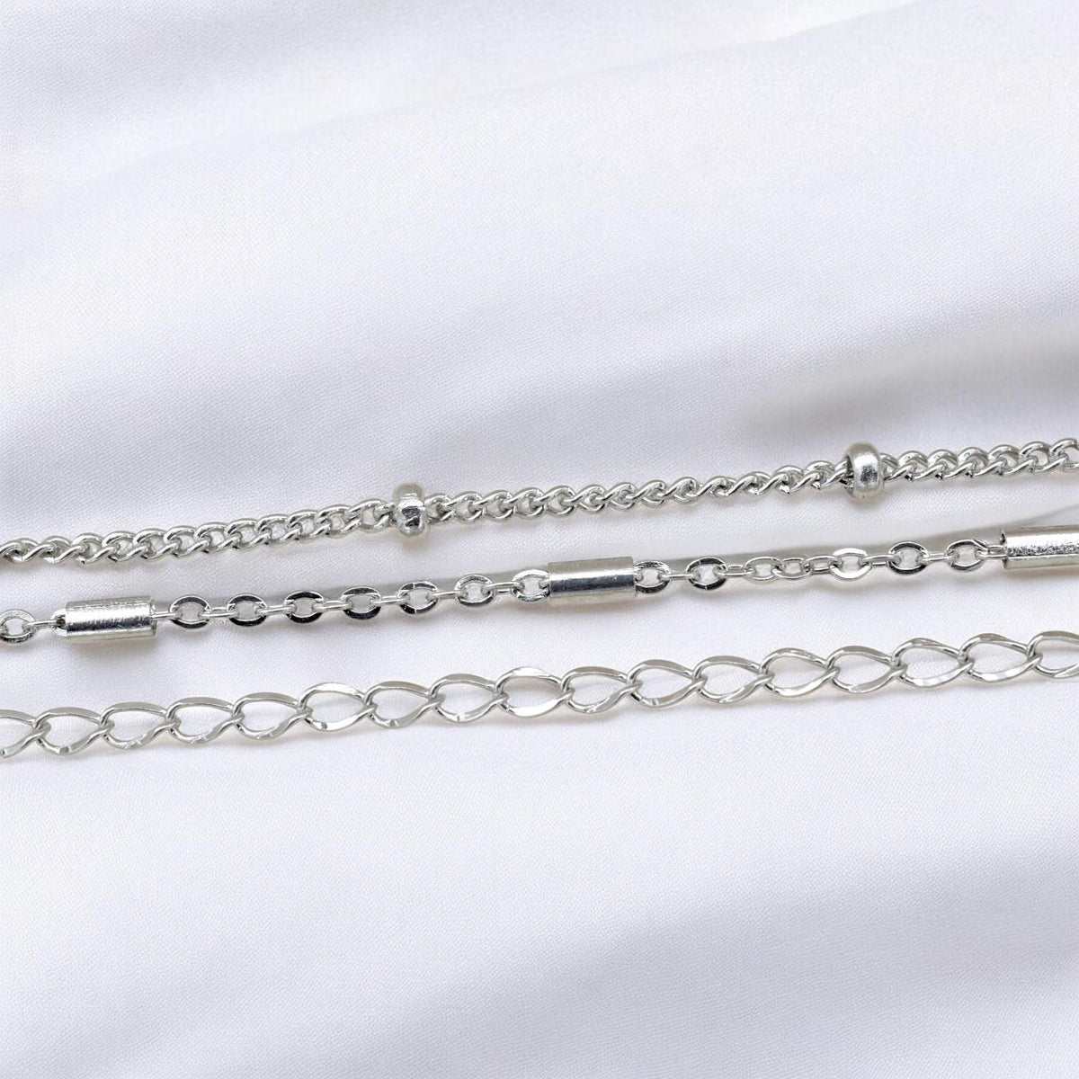 Bar Chain Satellite Jewelry Chain: Silver Tone Stainless Steel Craft Links (Bar, Beaded & Extension Styles, 11 Yard Roll)