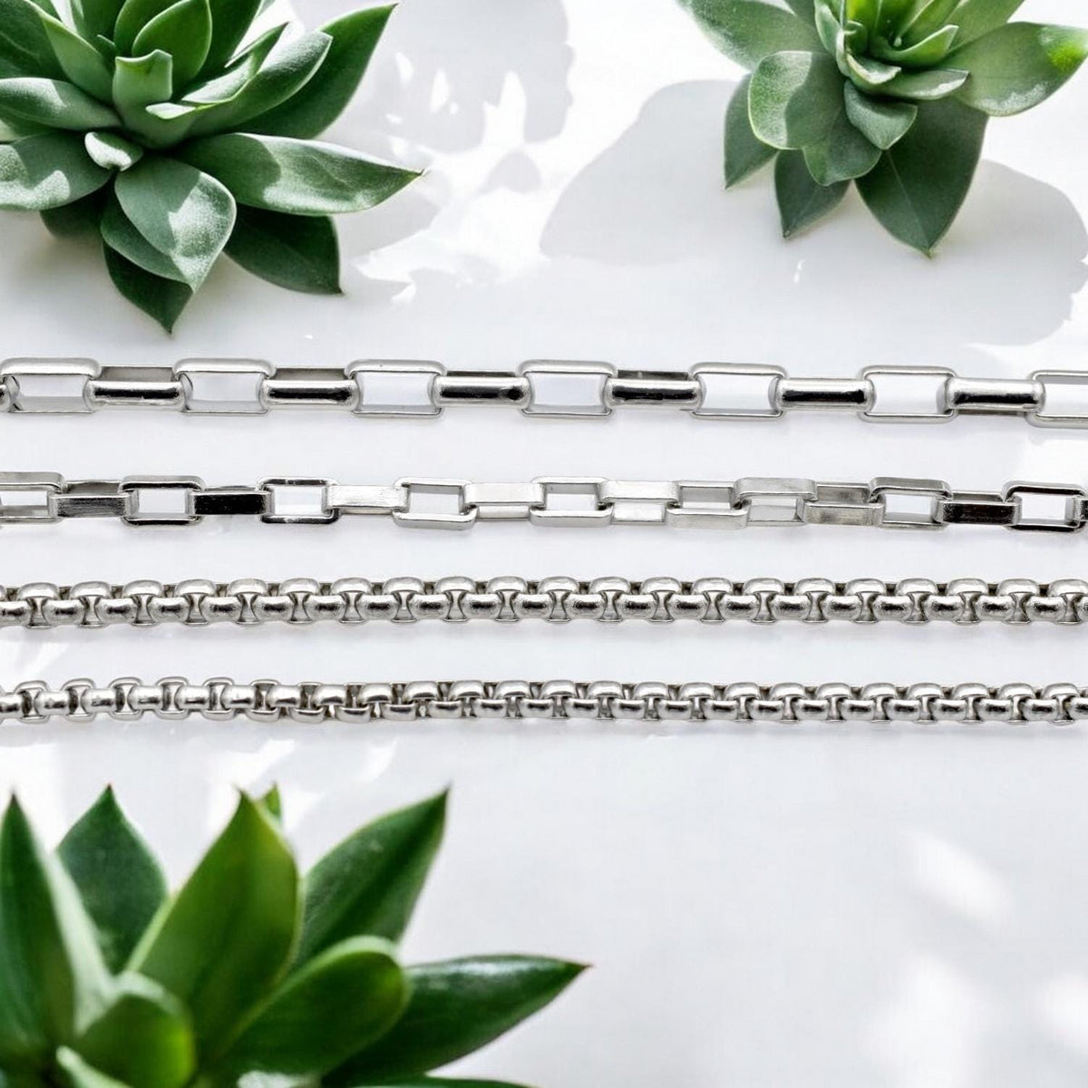 Chain By The Yard Durable Steel Chains: Rectangular Link, Box & Round Bead Styles | Tarnish-Resistant, Versatile Use | Sold Per Yard