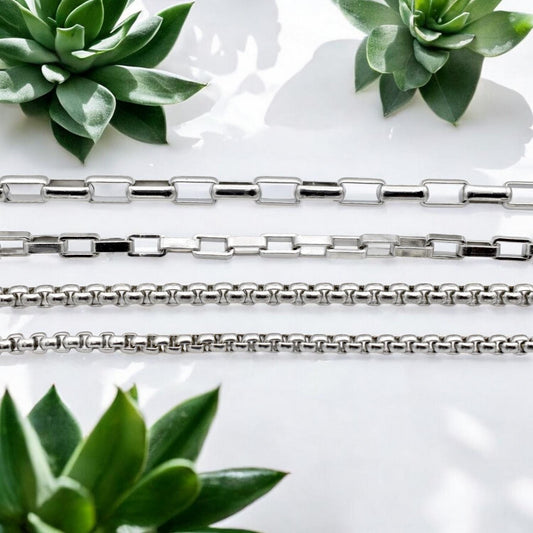 Chain By The Yard Durable Steel Chains: Rectangular Link, Box & Round Bead Styles | Tarnish-Resistant, Versatile Use | Sold Per Yard