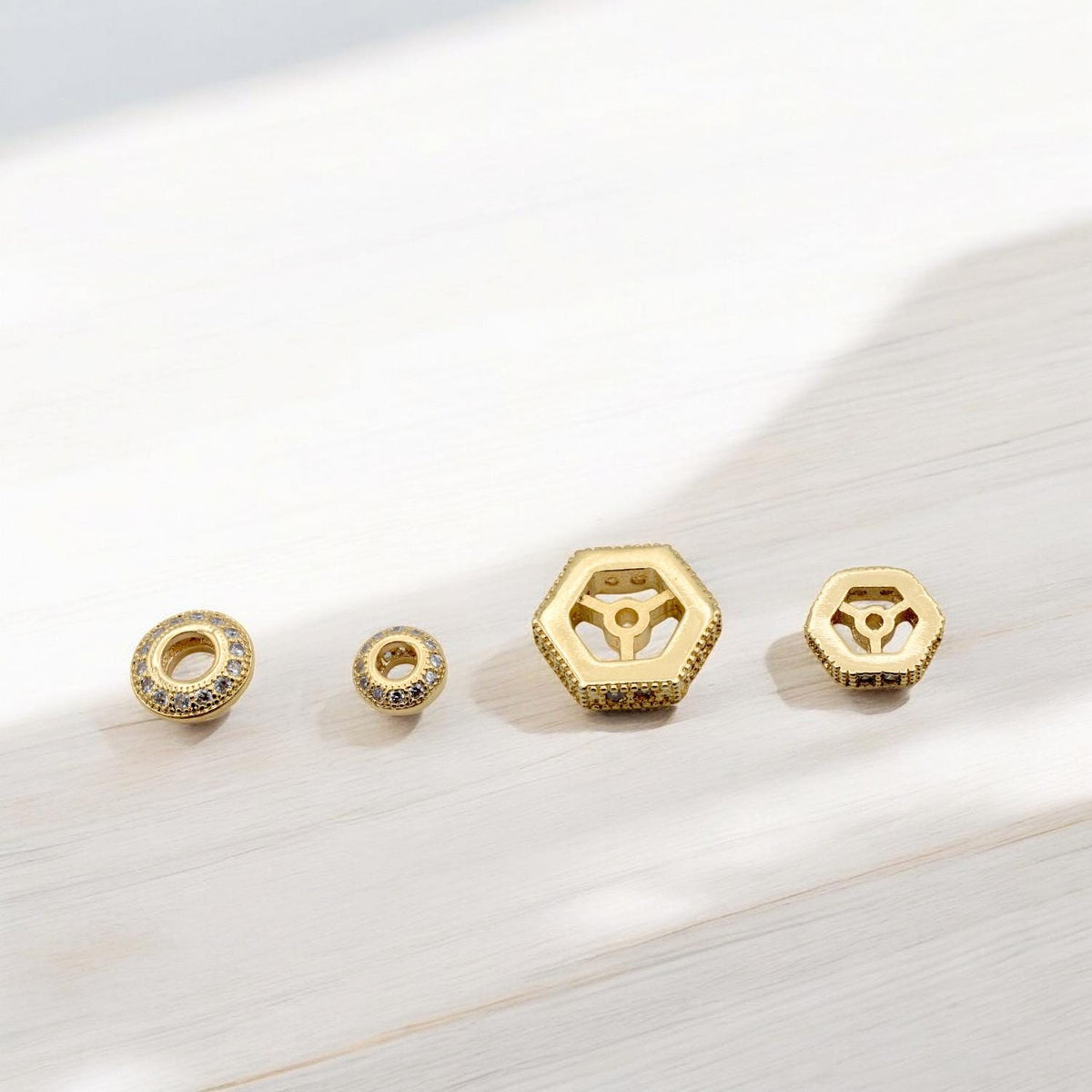 Gold Filled Look Micro Pave Spacer Beads – Waterproof Hexagon Round Jewelry Findings 3 PCs/ PK jewelry making supplies - d...