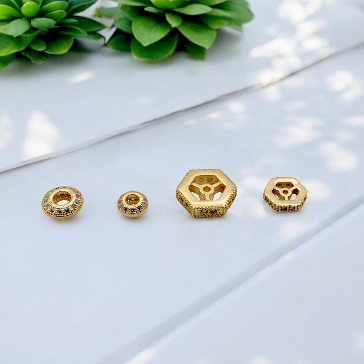 Gold Filled Look Micro Pave Spacer Beads – Waterproof Hexagon Round Jewelry Findings 3 PCs/ PK jewelry making supplies