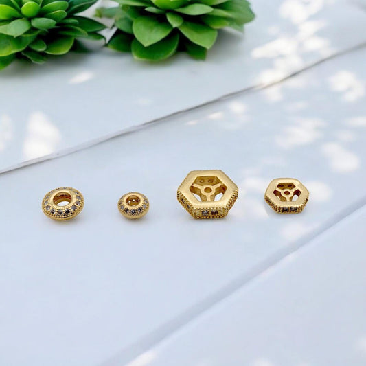 Gold Filled Look Micro Pave Spacer Beads – Waterproof Hexagon Round Jewelry Findings 3 PCs/ PK jewelry making supplies