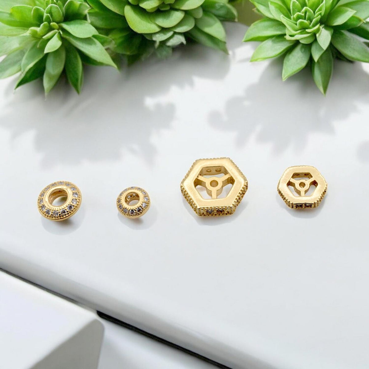 Gold Filled Look Micro Pave Spacer Beads – Waterproof Hexagon Round Jewelry Findings 3 PCs/ PK jewelry making supplies - d...