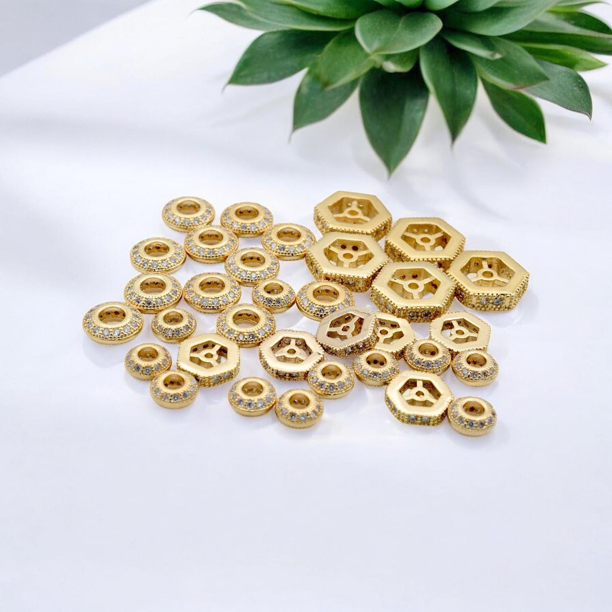 Gold Filled Look Micro Pave Spacer Beads – Waterproof Hexagon Round Jewelry Findings 3 PCs/ PK jewelry making supplies - d...