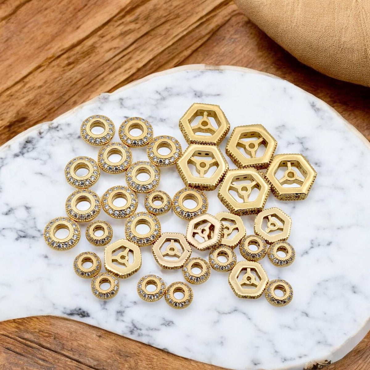 Gold Filled Look Micro Pave Spacer Beads – Waterproof Hexagon Round Jewelry Findings 3 PCs/ PK jewelry making supplies - d...