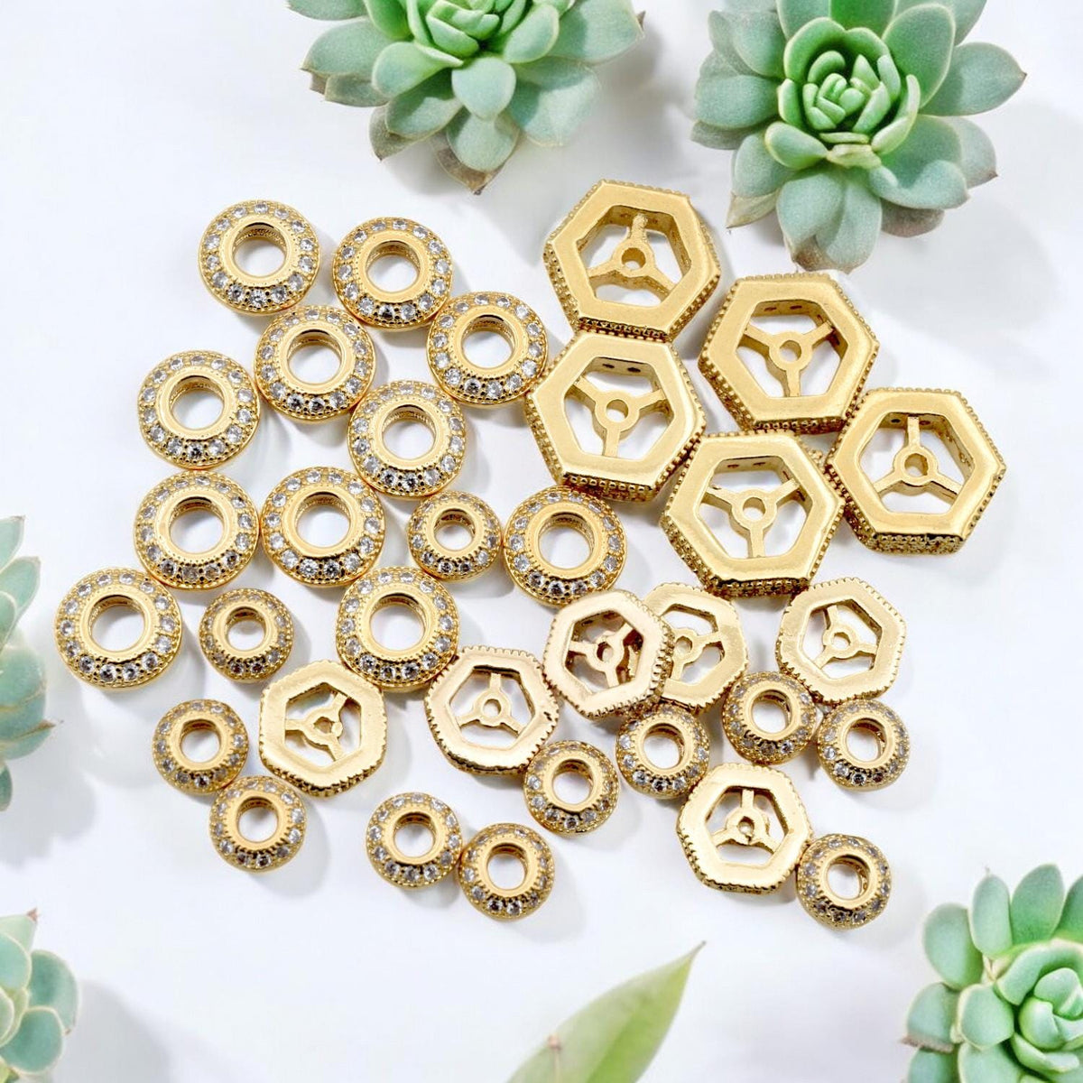 Gold Filled Look Micro Pave Spacer Beads – Waterproof Hexagon Round Jewelry Findings 3 PCs/ PK jewelry making supplies - d...