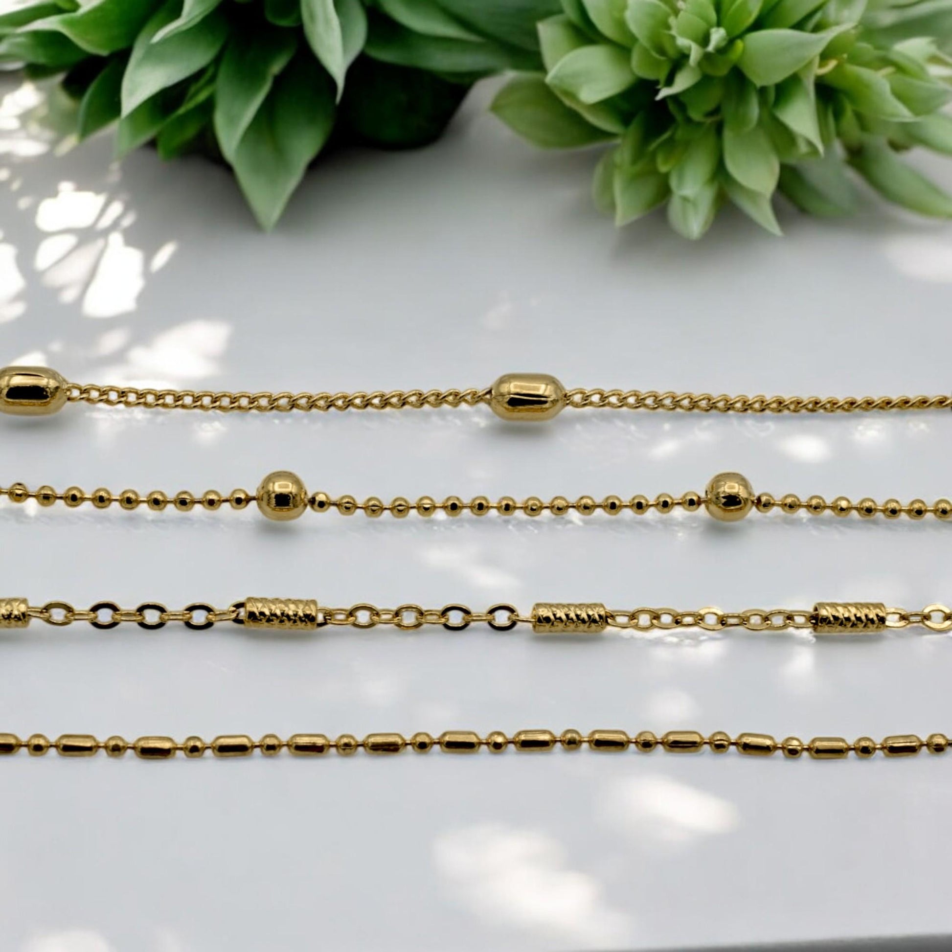 Gold Filled Durable Waterproof Chains: Modern Elegant Styles, Rope & Bar Accents (18 Inch Length, 3mm Beads, Jewelry Supply)