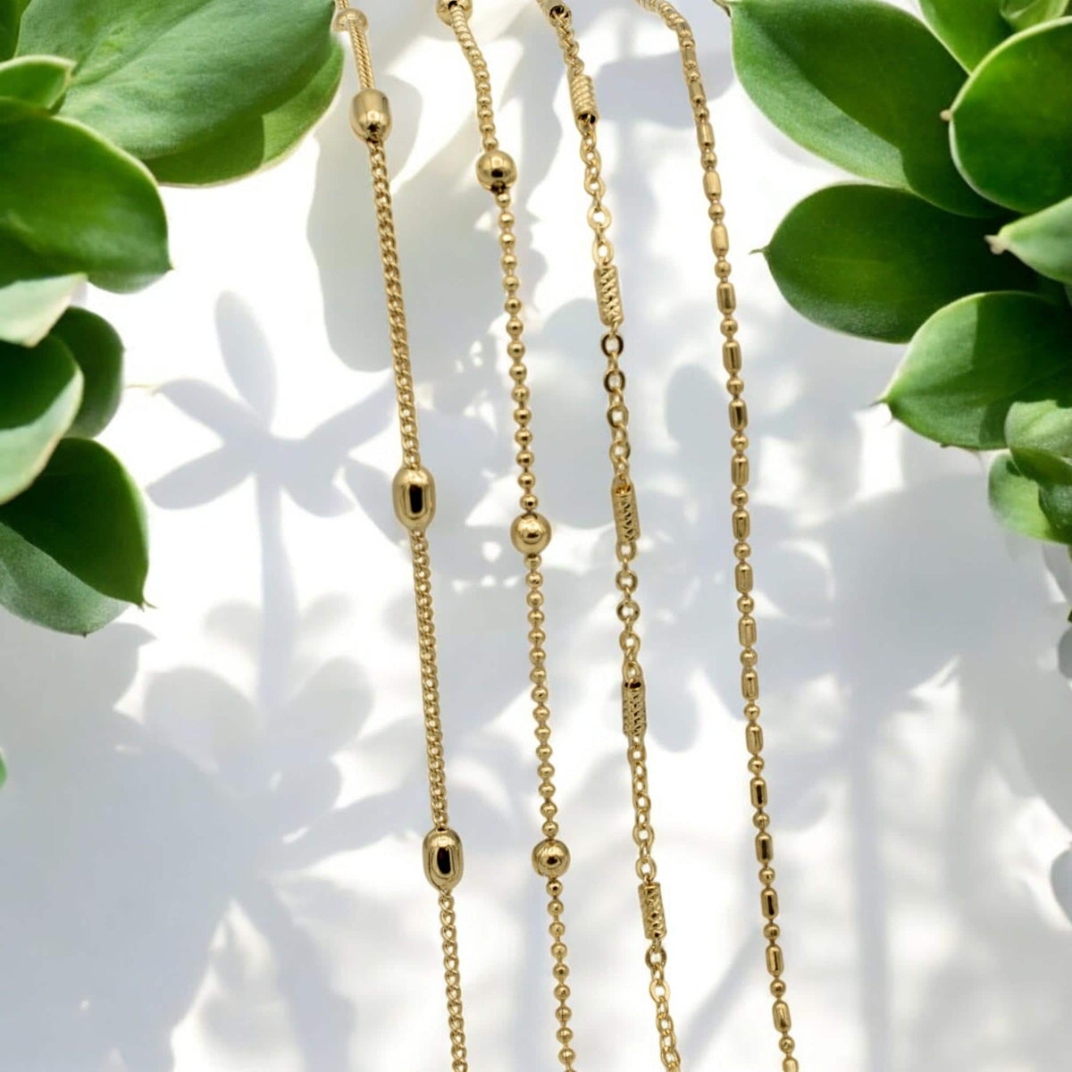 Gold Filled Durable Waterproof Chains: Modern Elegant Styles, Rope & Bar Accents (18 Inch Length, 3mm Beads, Jewelry Supply)
